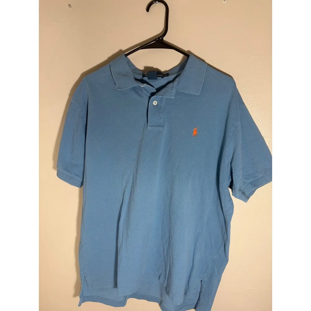 Polo Ralph Lauren Mens XL Blue Short Sleeve Pique Polo Shirt Orange Pony Logo
